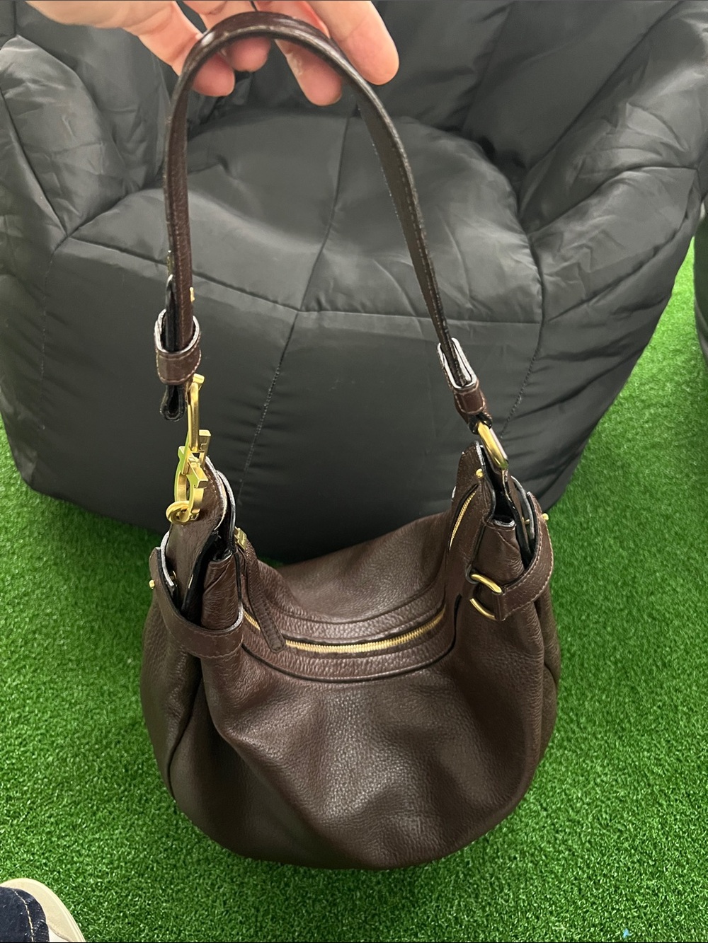 Salvatore Ferragamo Dark Brown Pebbled Leather Shoulder Bag with Gold Hardware